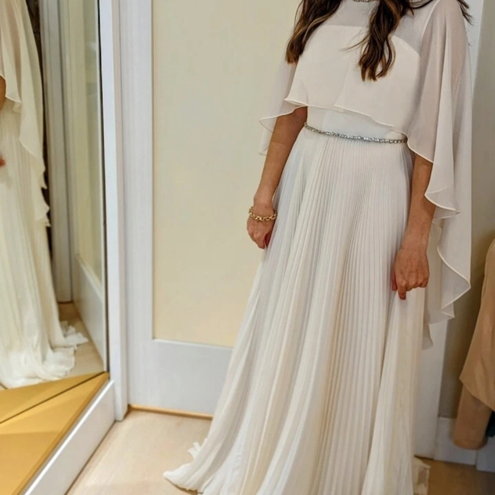 Jenny Packham Bloom Cape Ivory Chiffon Gown Rhinestone Embellished Pleated Dress - Picture 12 of 17